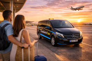 TransferInTaxi private van parked at Alicante Airport terminal for door-to-door service