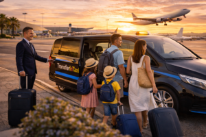 Professional driver with name sign greeting a family for their Airport Transfers Alicante
